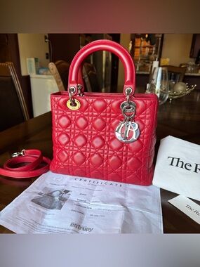 Lady Dior Red Quilted Leather with Silver Hardware (Medium)